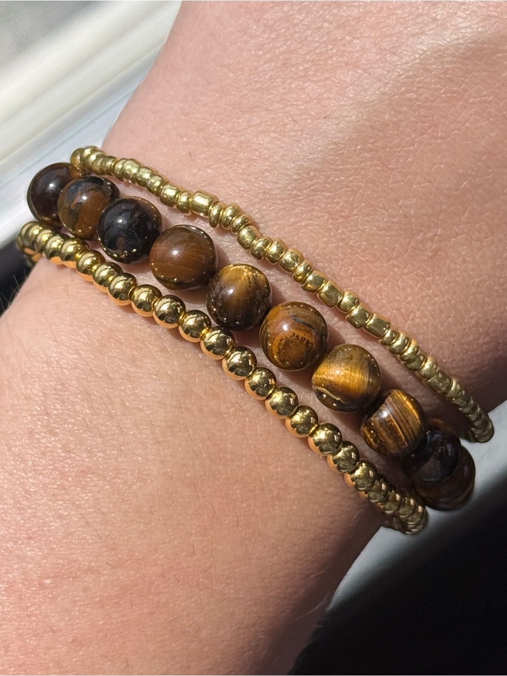 Natural Tigers Eye Bracelet Set 8mm Round Crystal Beads Gold Tone Accents